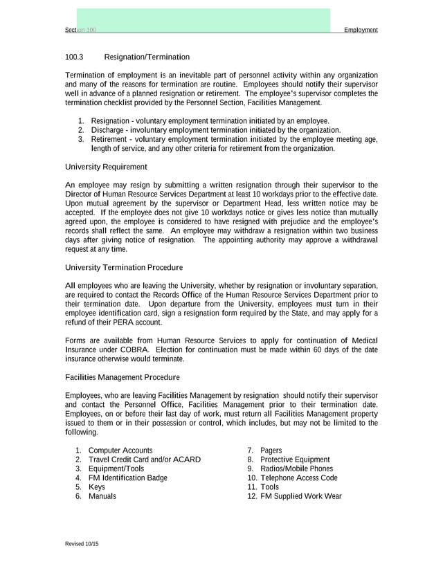 Section 100 Employment ResignationTermination screenshot