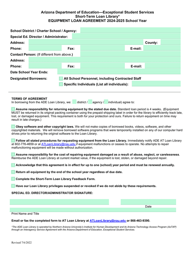 Short Term Loan Library Equipment Loan Agreement screenshot