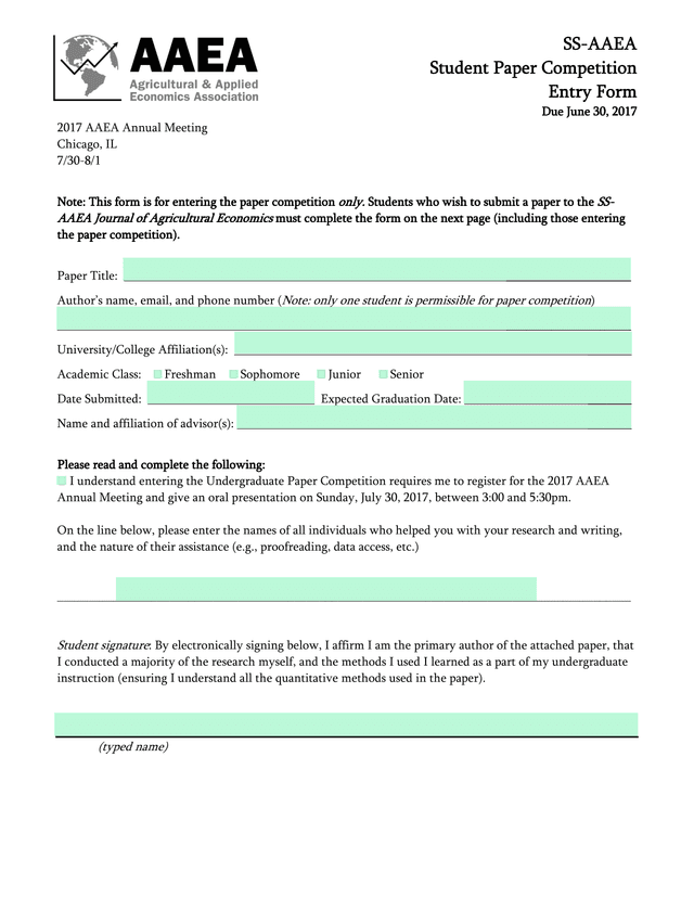 SS AAEA Student Paper Competition Entry Form screenshot