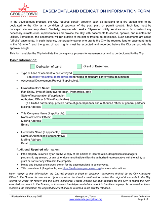 EasementLand Dedication Information Form screenshot