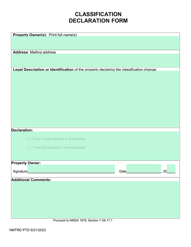 Classification Declaration Form screenshot