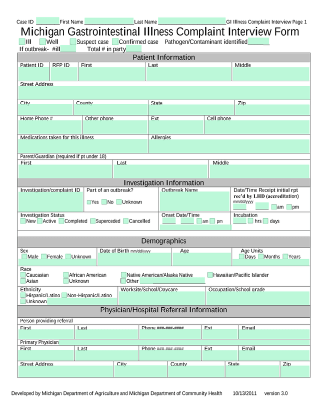 Michigan Gastrointestinal Illness Complaint Interview Form screenshot