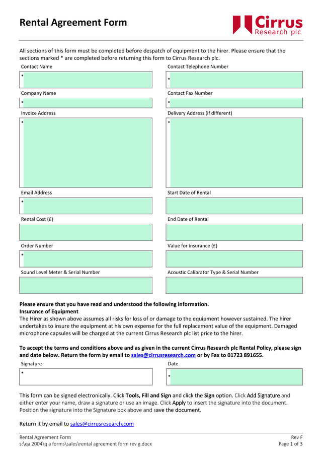 Rental Agreement Form screenshot