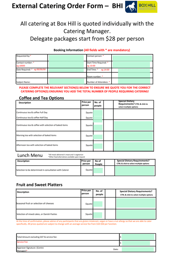 External Catering Order Form  BHI screenshot