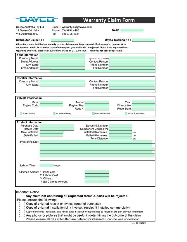 Warranty Claim Form screenshot