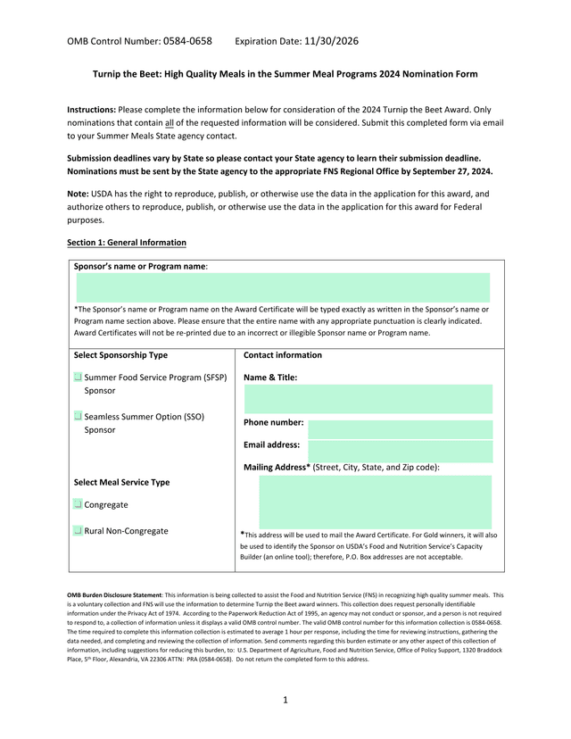 Turnip The Beet High Quality Meals In The Summer Meal Programs 2024 Nomination Form screenshot