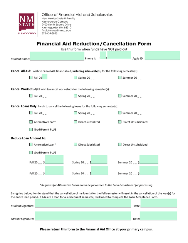 Financial Aid ReductionCancellation Form screenshot