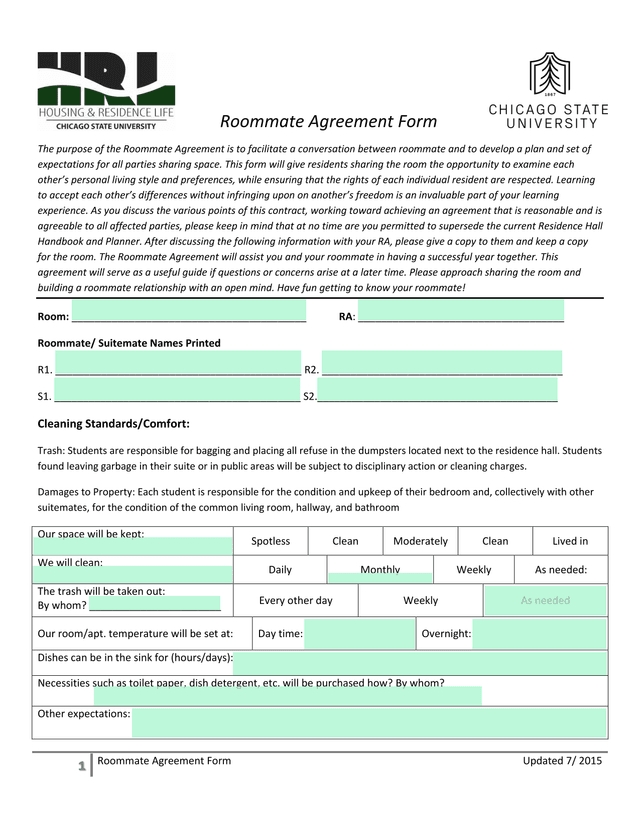 Roommate Agreement Form screenshot