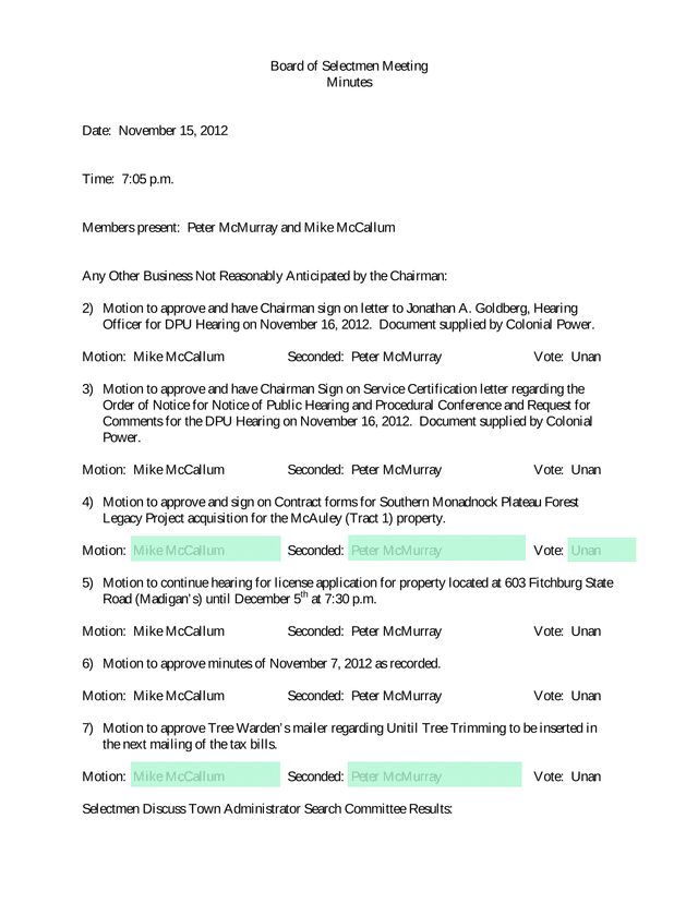 Board Of Selectmen Meeting Minutes screenshot