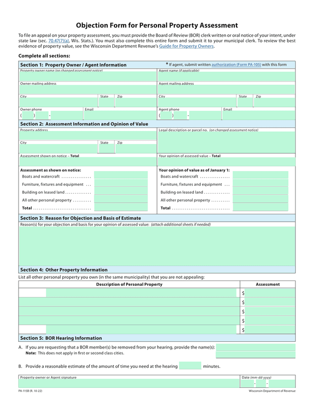 PA 115B Objection Form For Personal Property Assessment screenshot