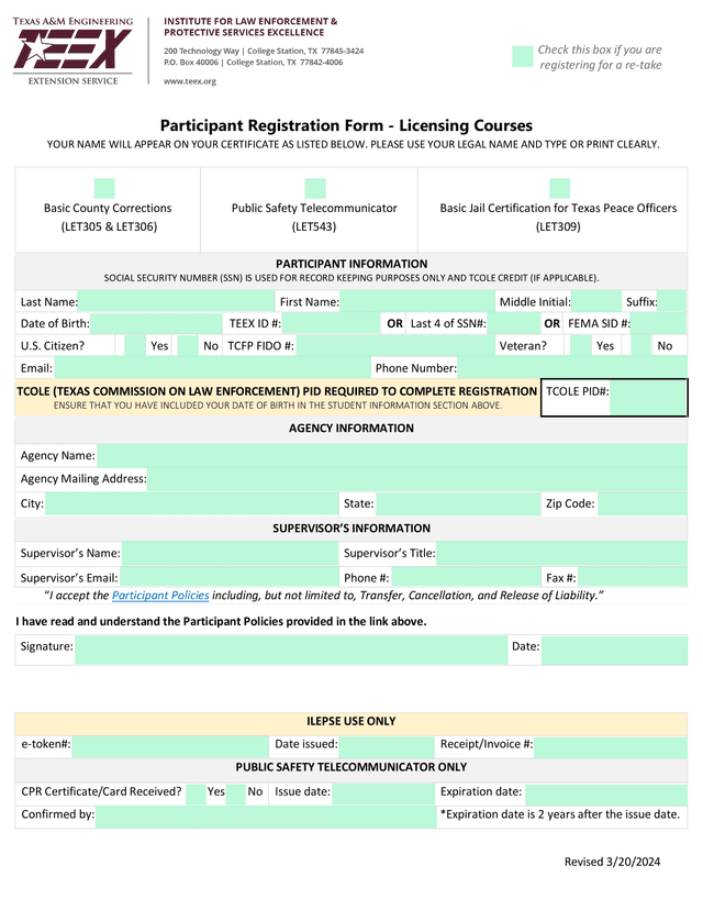 Participant Registration Form   Licensing Courses screenshot