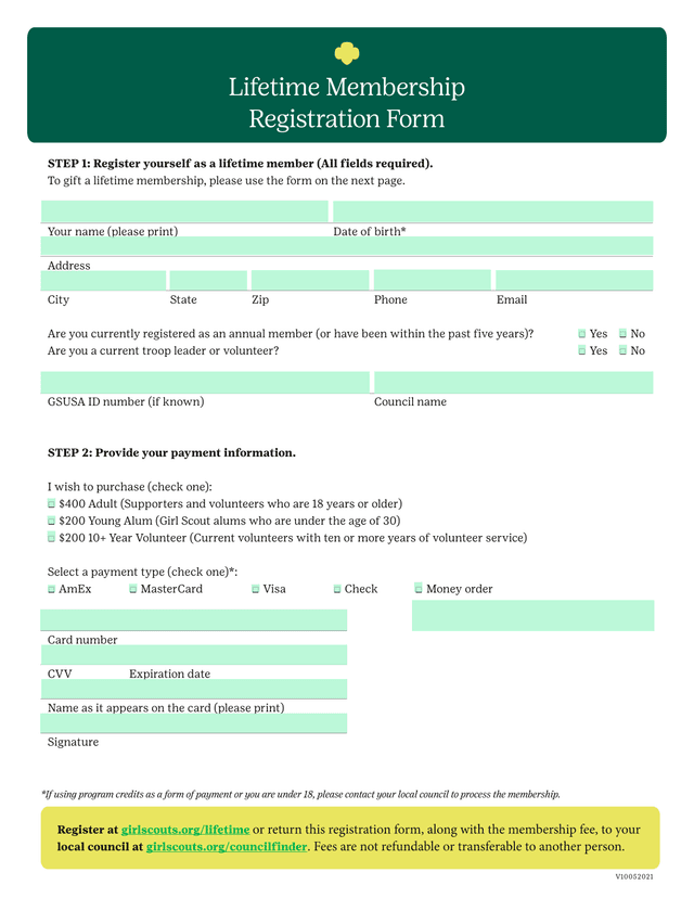 Lifetime Membership Registration Form screenshot