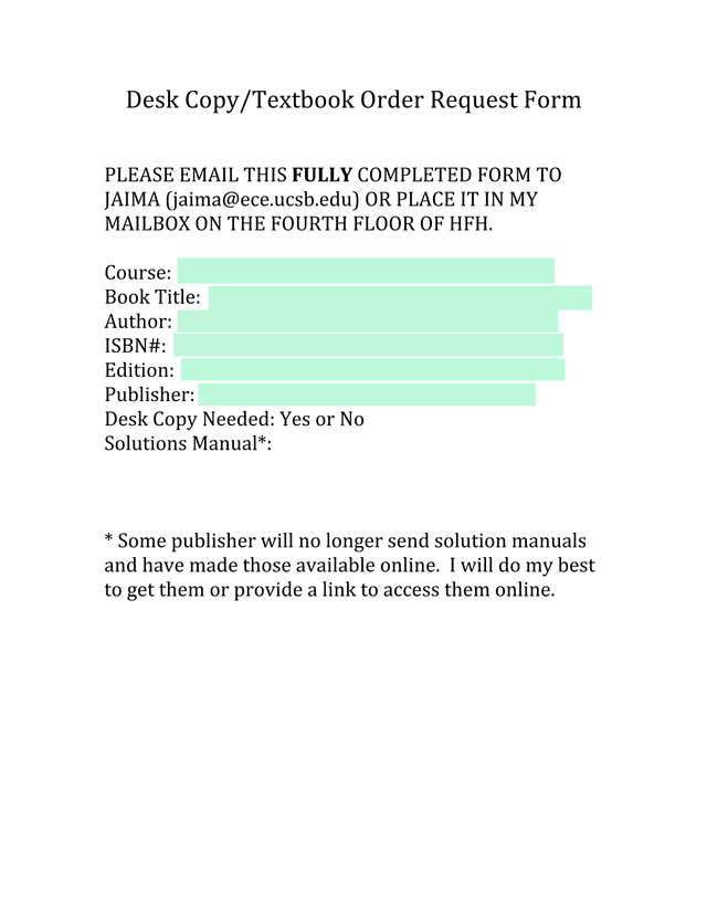 Desk CopyTextbook Order Request Form screenshot