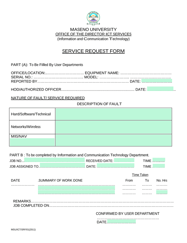 MASENO UNIVERSITY SERVICE REQUEST FORM screenshot