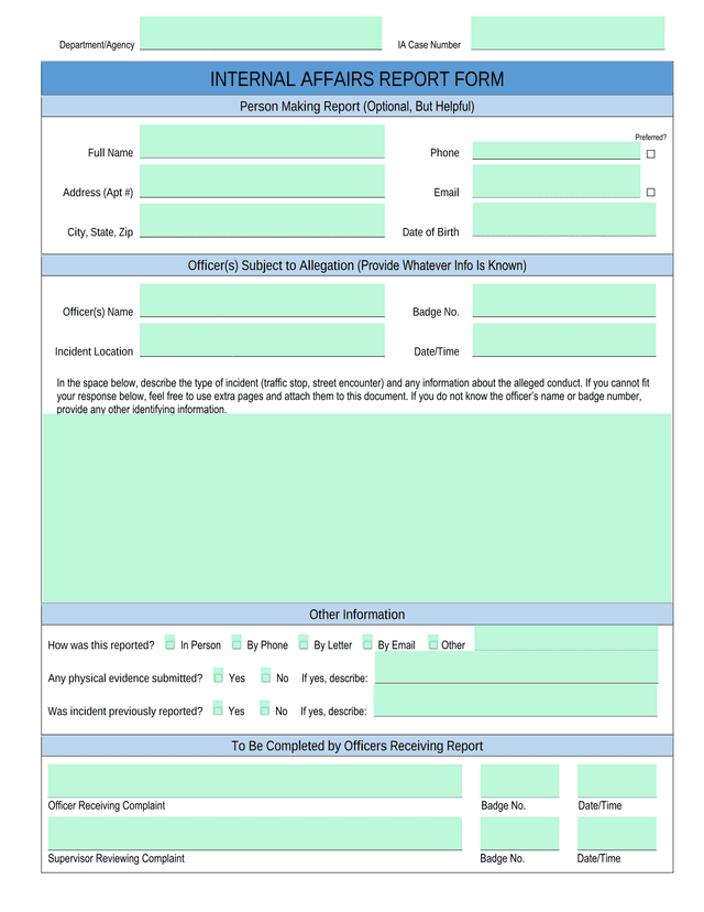 Internal Affairs Report Form screenshot