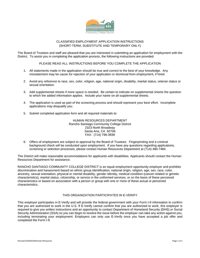 Classified Employment Application Instructions screenshot