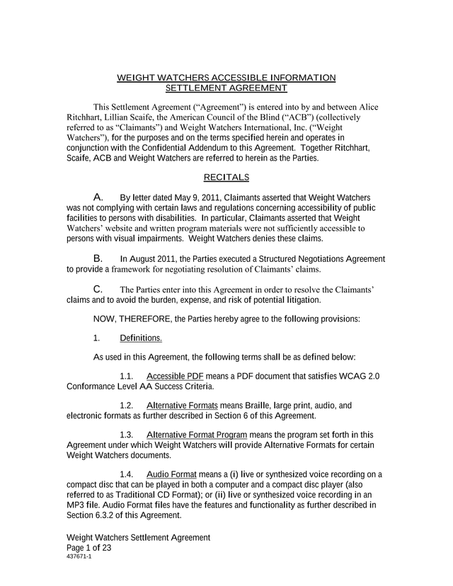 Weight Watchers Accessible Information Settlement Agreement screenshot