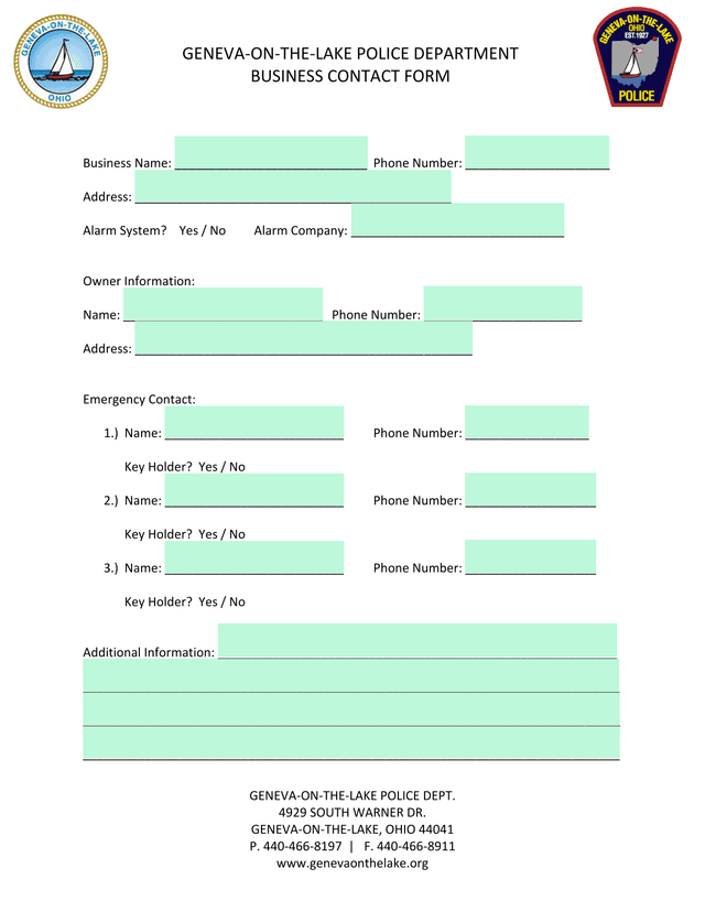 GENEVA ON THE LAKE POLICE DEPARTMENT BUSINESS CONTACT FORM screenshot