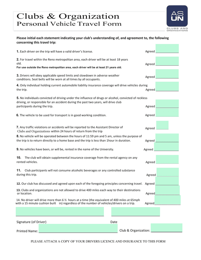 Personal Vehicle Travel Form screenshot
