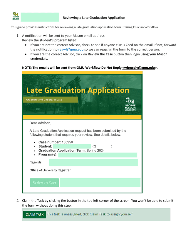Reviewing A Late Graduation Application screenshot