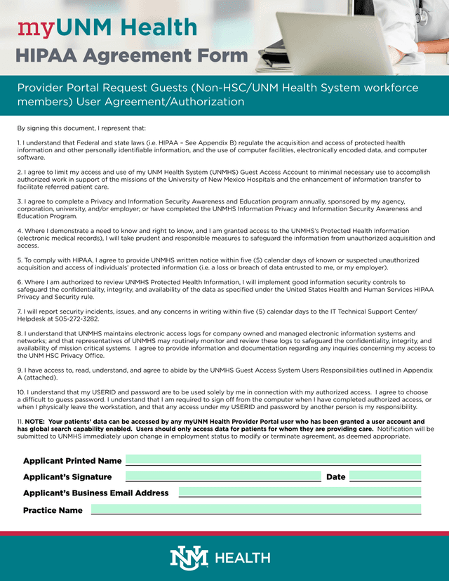 HIPAA Agreement Form   Provider Portal Request Guests screenshot