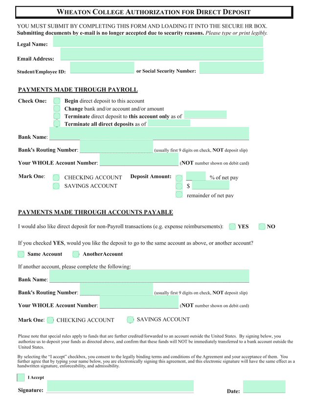 Wheaton College Authorization For Direct Deposit screenshot