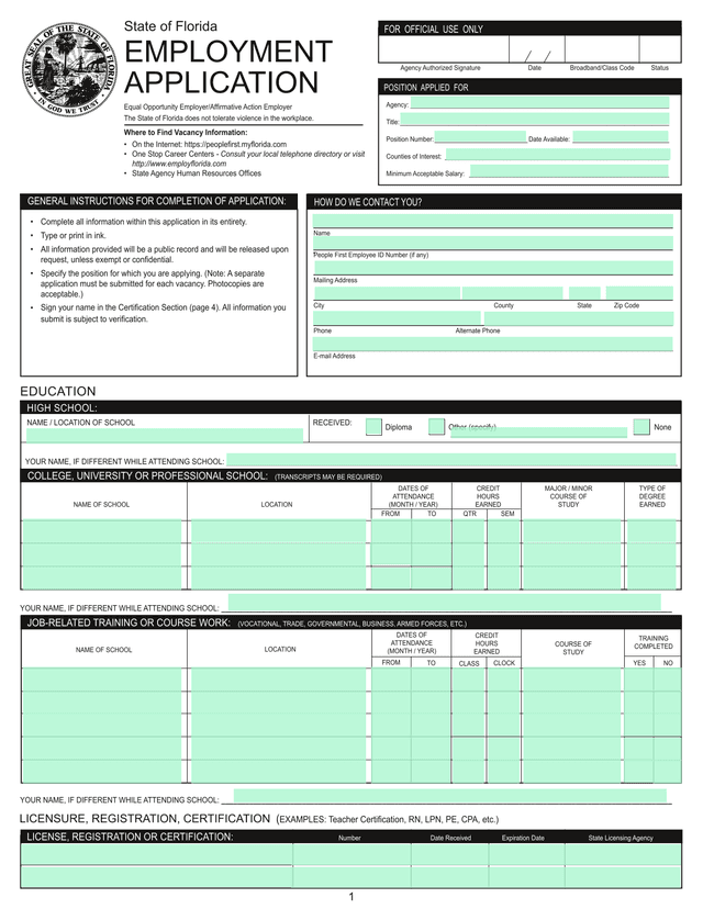 State Of Florida Employment Application screenshot