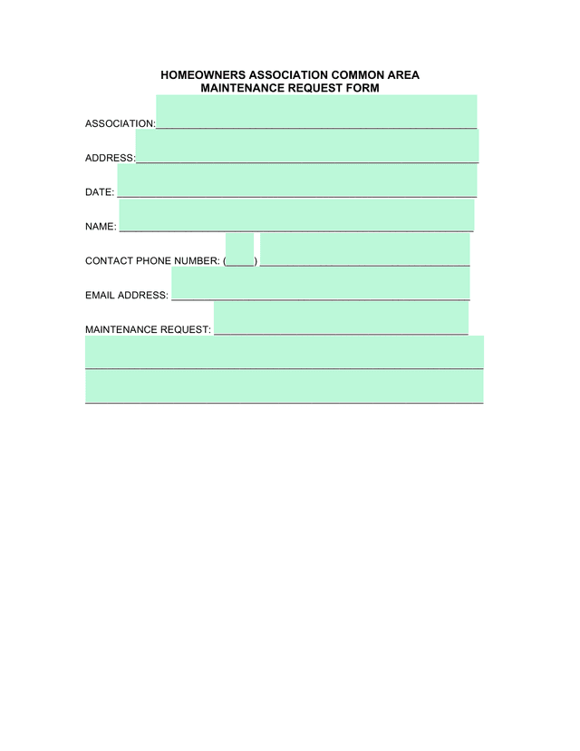 Homeowners Association Common Area Maintenance Request Form screenshot