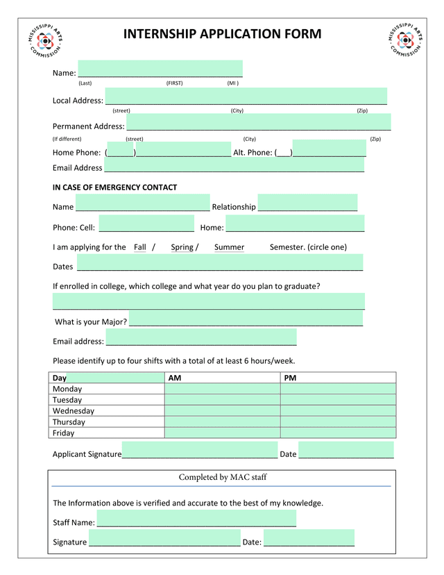 Internship Application Form screenshot