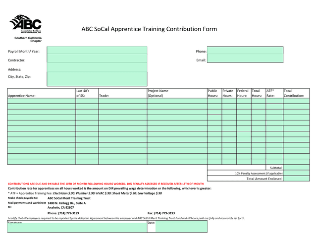 ABC SoCal Apprentice Training Contribution Form screenshot