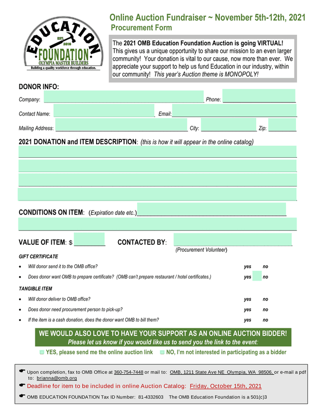 Online Auction Fundraiser Procurement Form screenshot