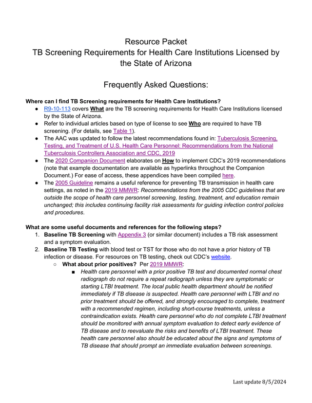 TB Screening Requirements For Health Care Institutions Licensed By The State Of Arizona screenshot