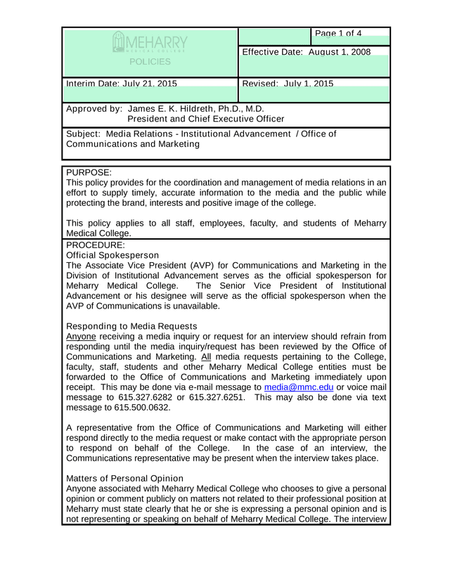 Media Relations Policy screenshot