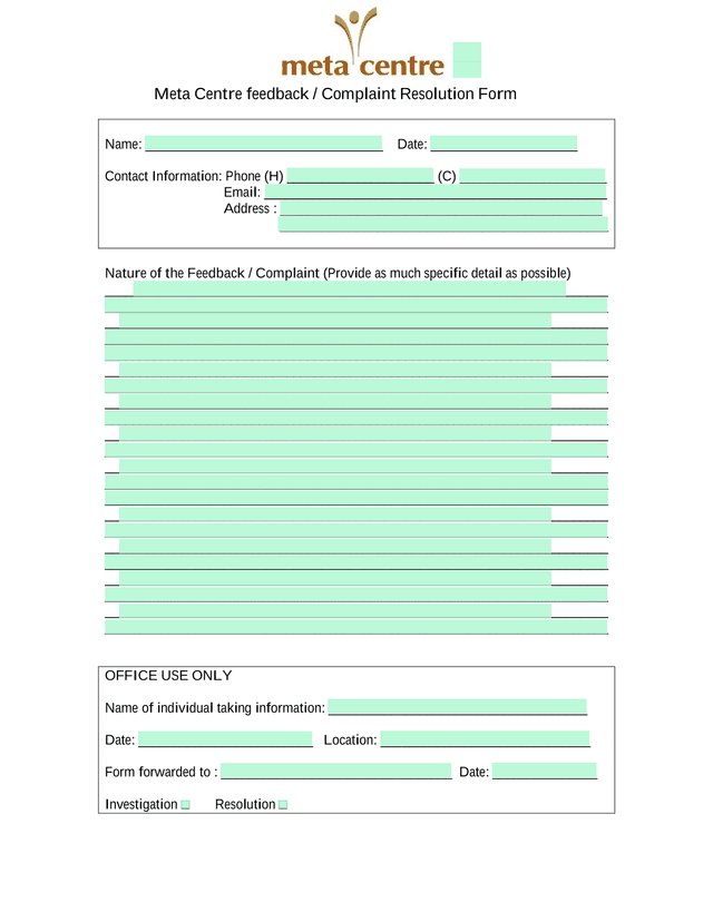 Meta Centre Feedback  Complaint Resolution Form screenshot