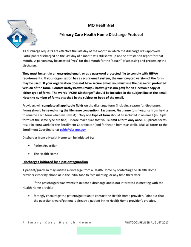 MO HealthNet Primary Care Health Home Discharge Protocol screenshot