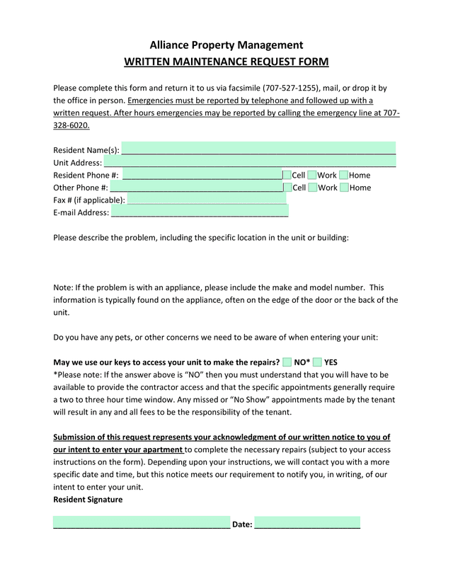 Written Maintenance Request Form screenshot