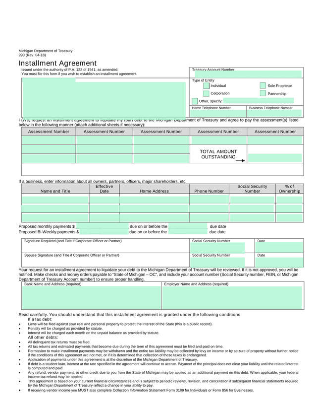 Michigan Department Of Treasury 990 Installment Agreement screenshot