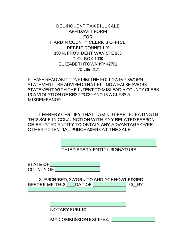 Delinquent Tax Bill Sale Affidavit Form screenshot