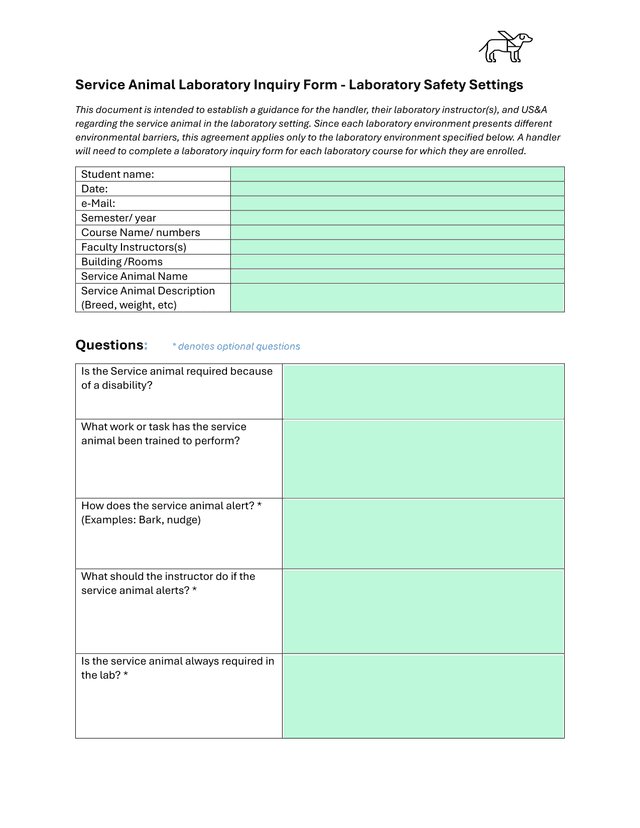 Service Animal Laboratory Inquiry Form screenshot