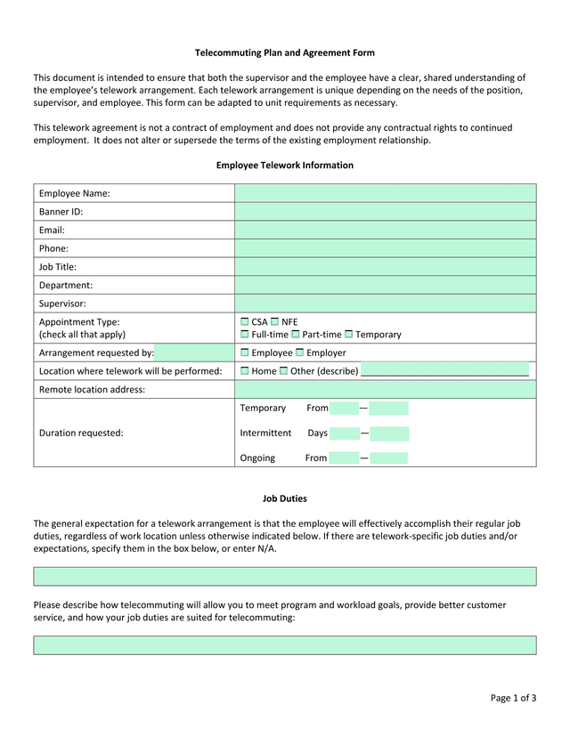 Telecommuting Plan And Agreement Form screenshot