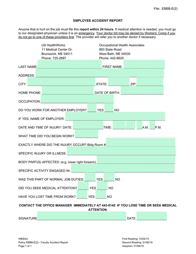 EBBB E(2) EMPLOYEE ACCIDENT REPORT screenshot