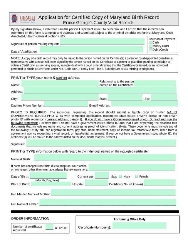 Application For Certified Copy Of Maryland Birth Record screenshot