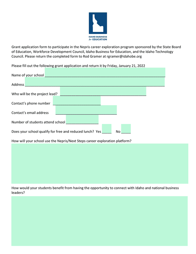 Nepris Career Exploration Program Grant Application screenshot