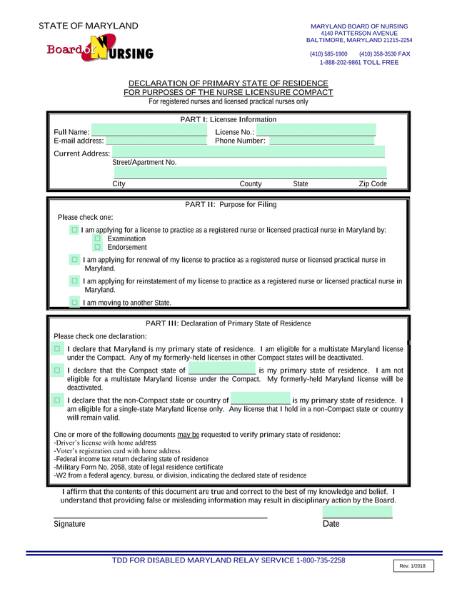 Declaration Of Primary State Of Residence For Purposes Of The Nurse Licensure Compact screenshot