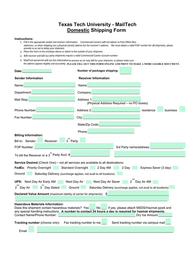 Texas Tech University Domestic Shipping Form screenshot