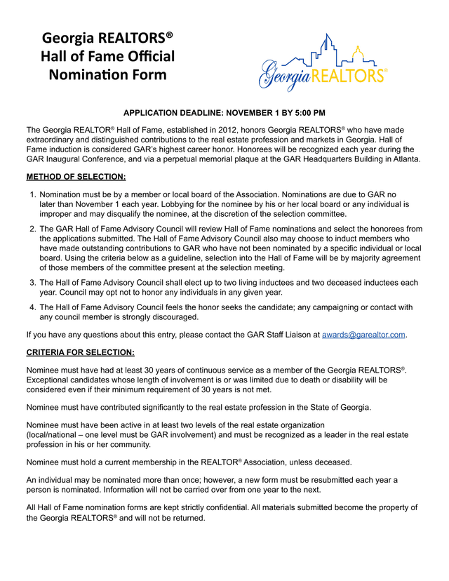Georgia REALTORS Hall Of Fame Official Nomination Form screenshot