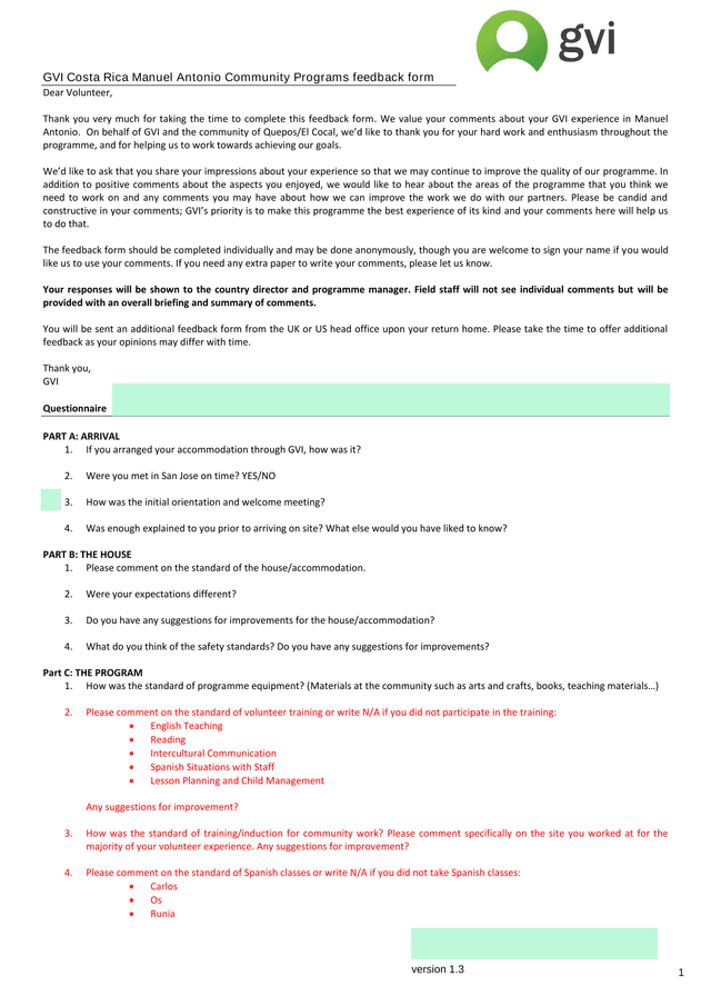 GVI Costa Rica Manuel Antonio Community Programs Feedback Form screenshot