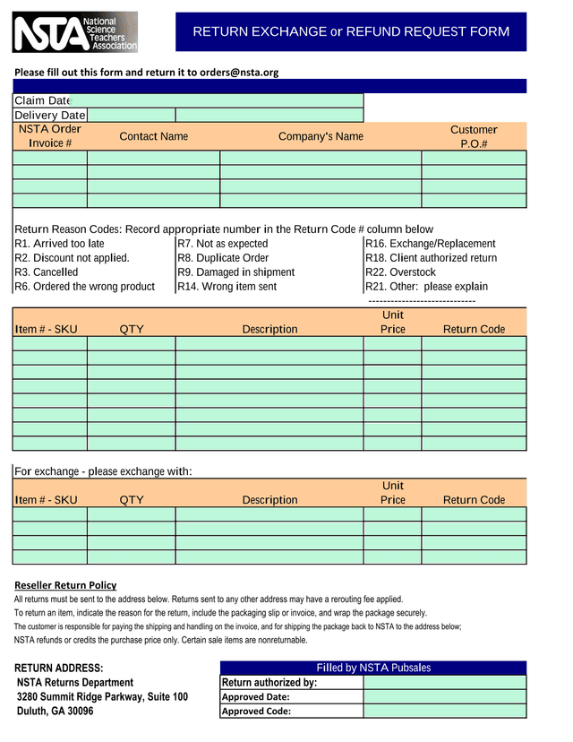 RETURN EXCHANGE Or REFUND REQUEST FORM screenshot