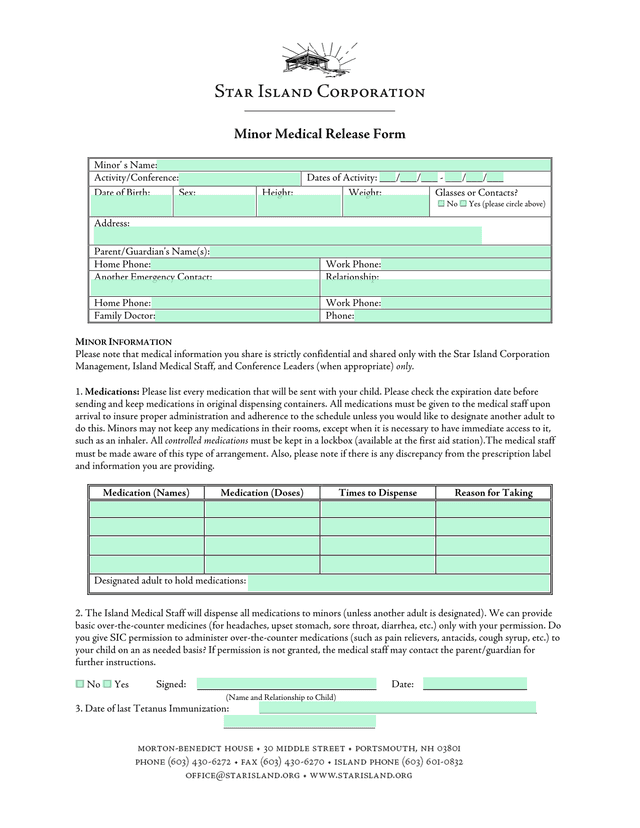 Minor Medical Release Form screenshot