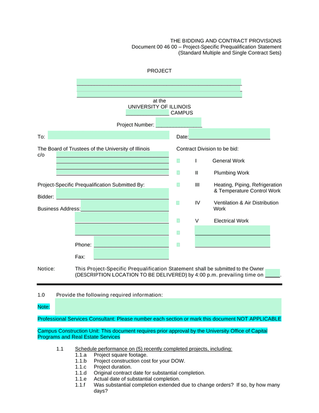 Document 00 46 00  Project Specific Prequalification Statement screenshot